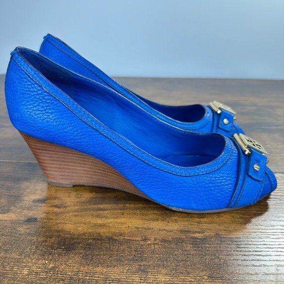 Tory Burch Natalya pebbled leather wedge open toe shoes Blue Size 6.5 - Picture 5 of 11